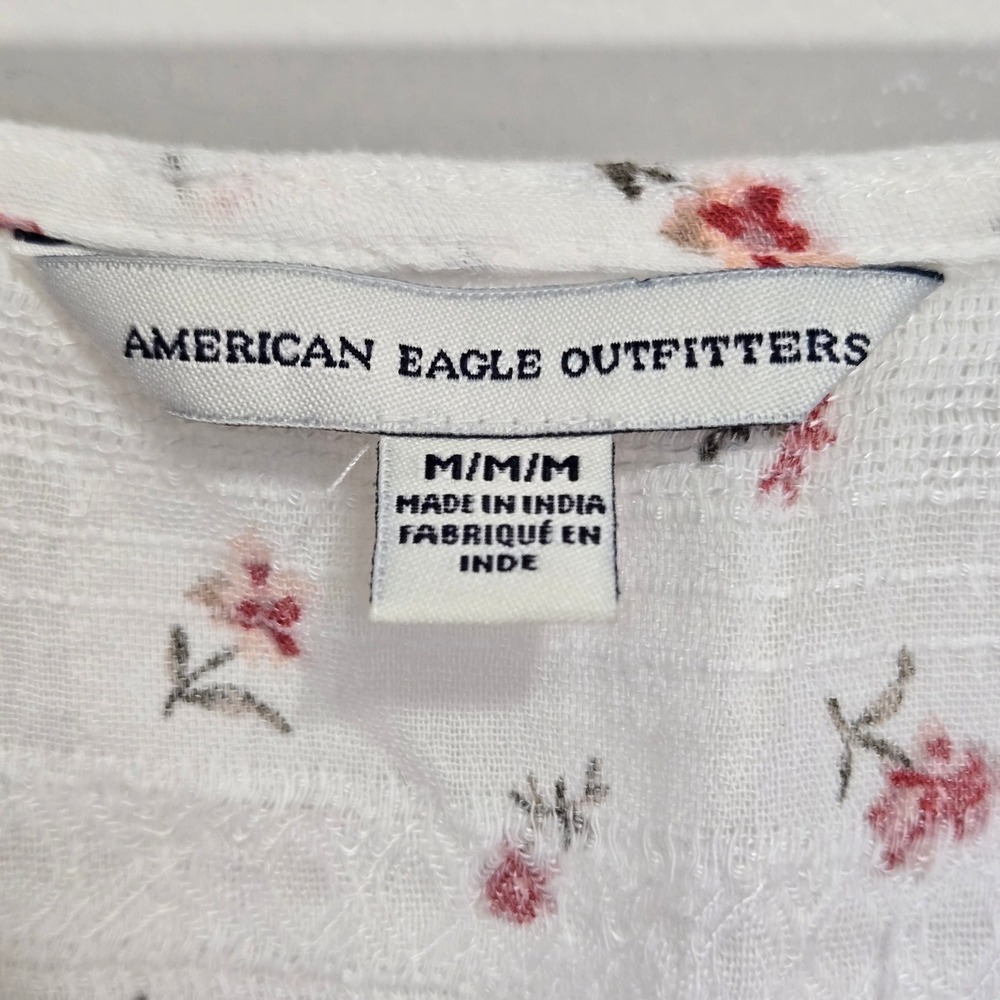 American Eagle Floral Puff Sleeve Smocked Crop Top White Red Womens Medium M - Picture 3 of 6